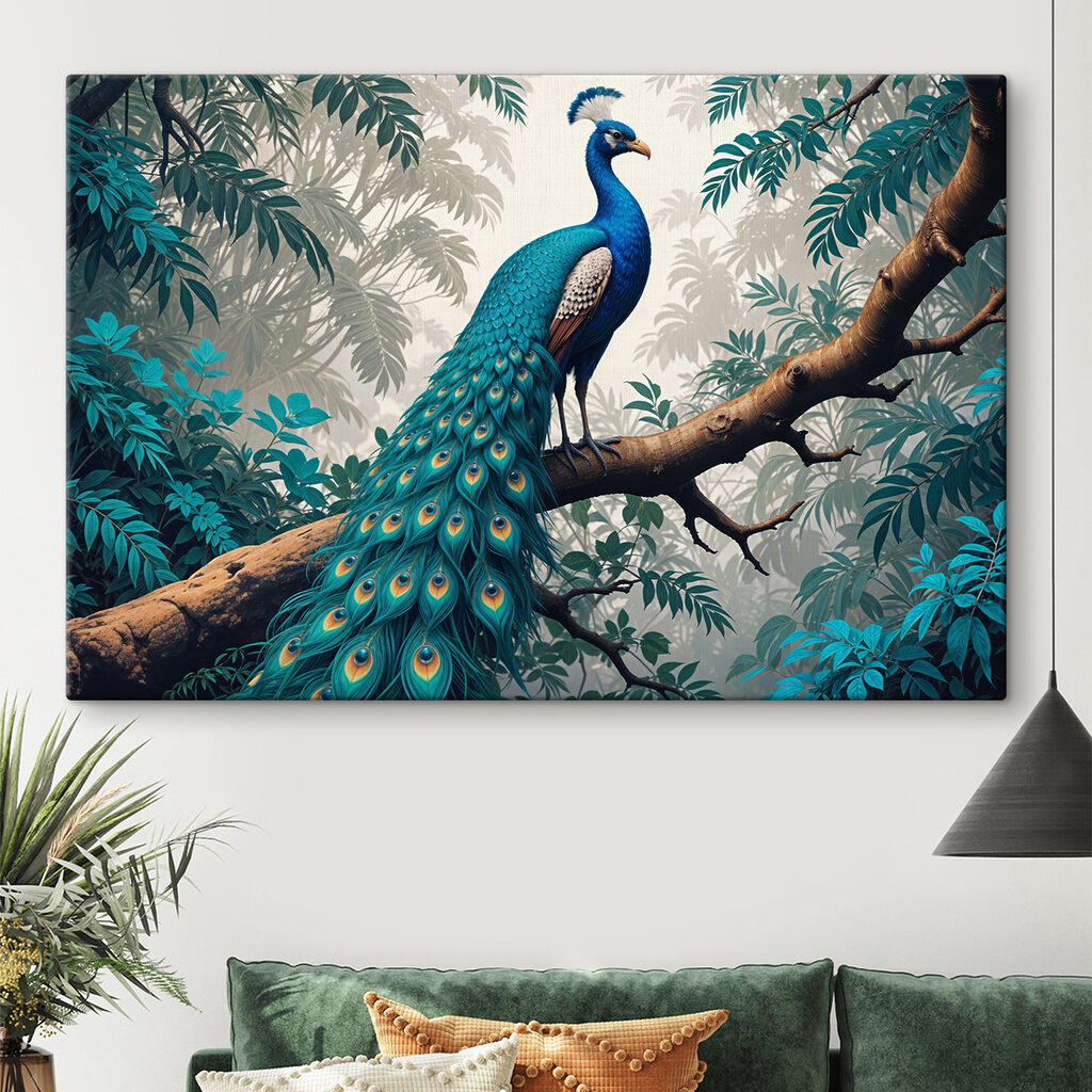 Pavão num ramo tropical num interior