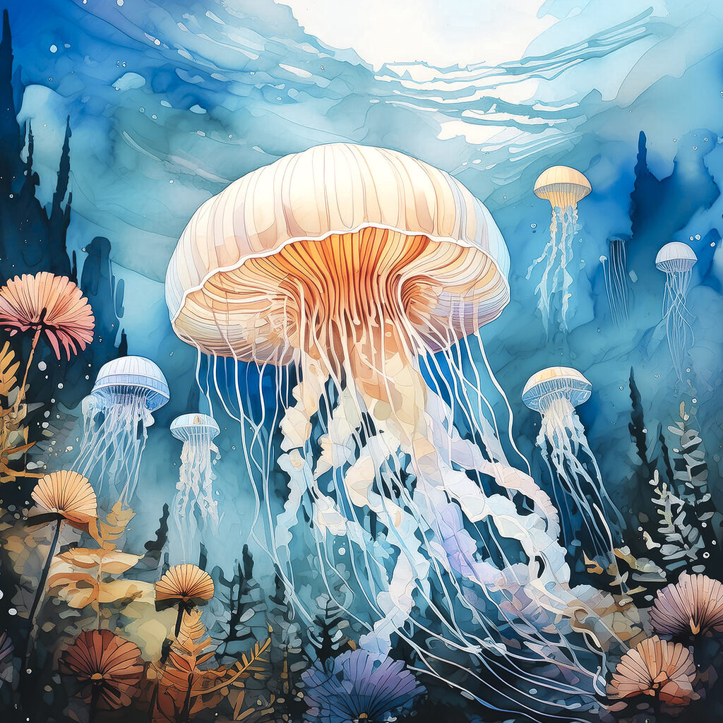 Medusas entre corais — design completo
