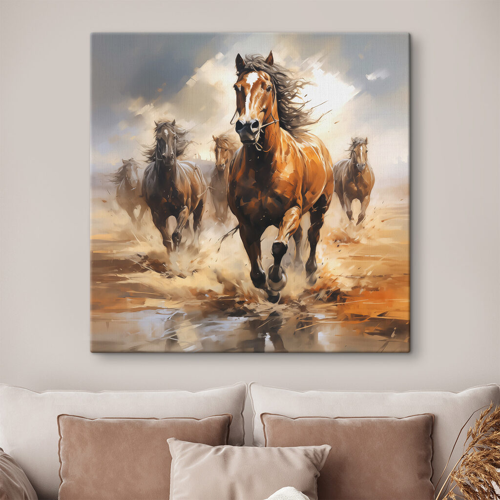 Cavalos em água rasa num interior