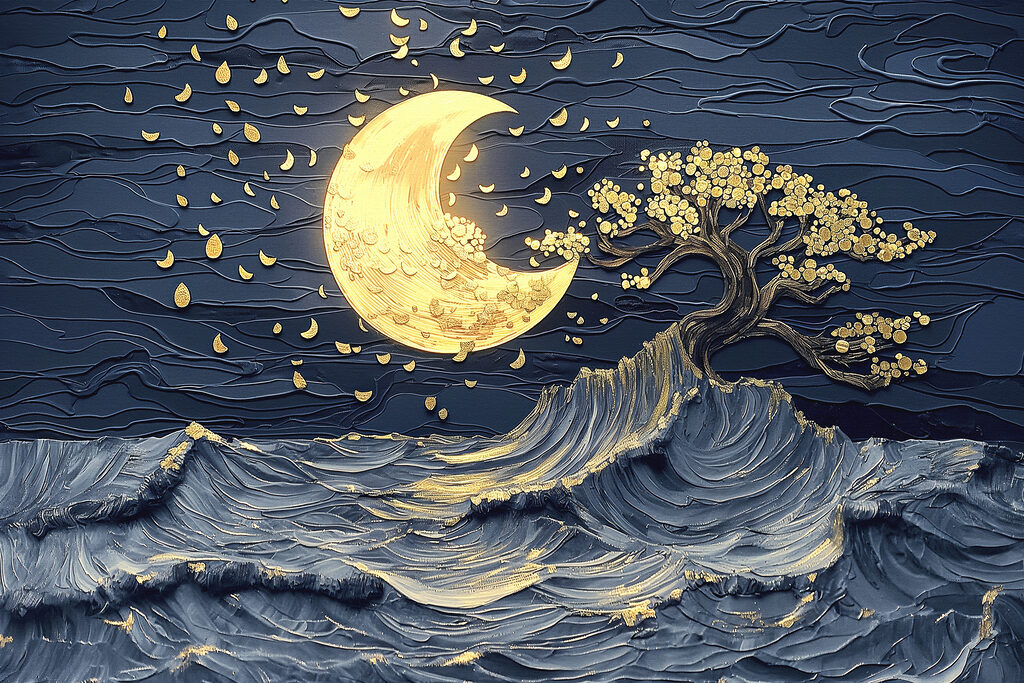 Árvore entre ondas noturnas — design completo