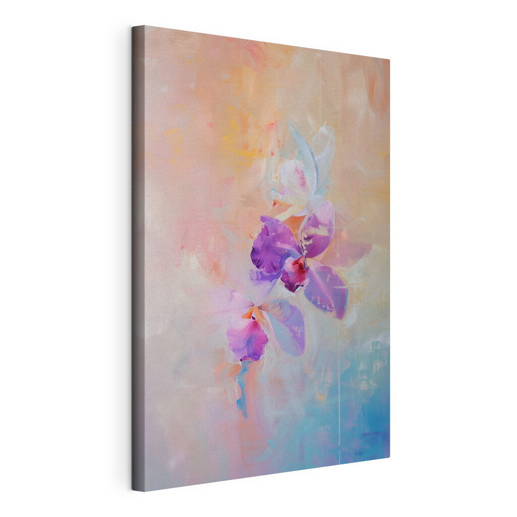 Orquídea em tons pastel, tela esticada e borda contínua