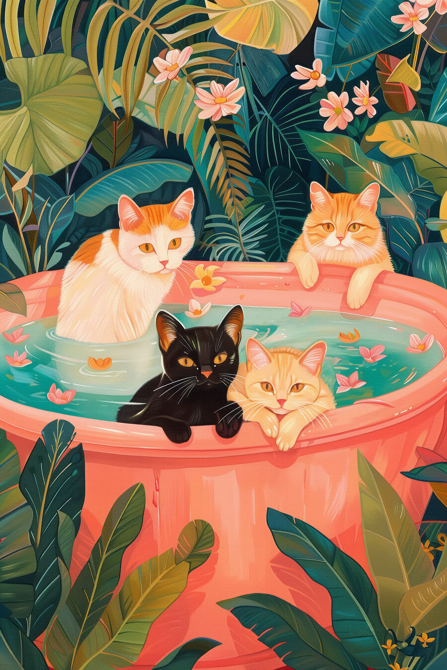 Gatos entre folhas tropicais — design completo