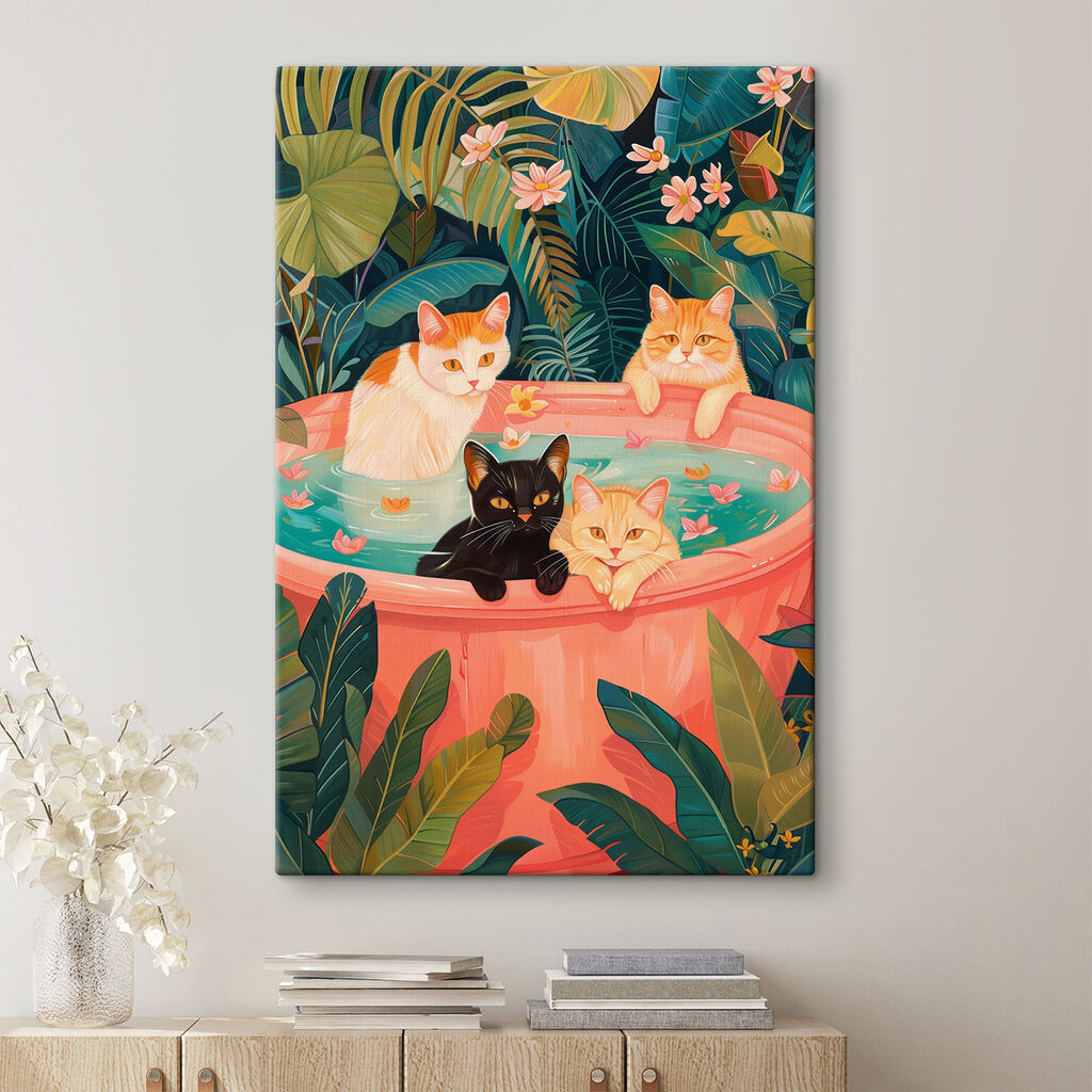 Gatos entre folhas tropicais — interior 2