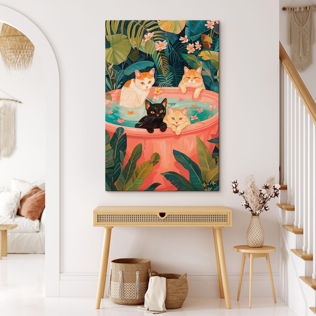 Gatos entre folhas tropicais num interior