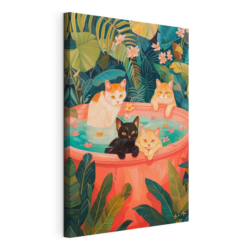 Gatos entre folhas tropicais, tela esticada e borda contínua