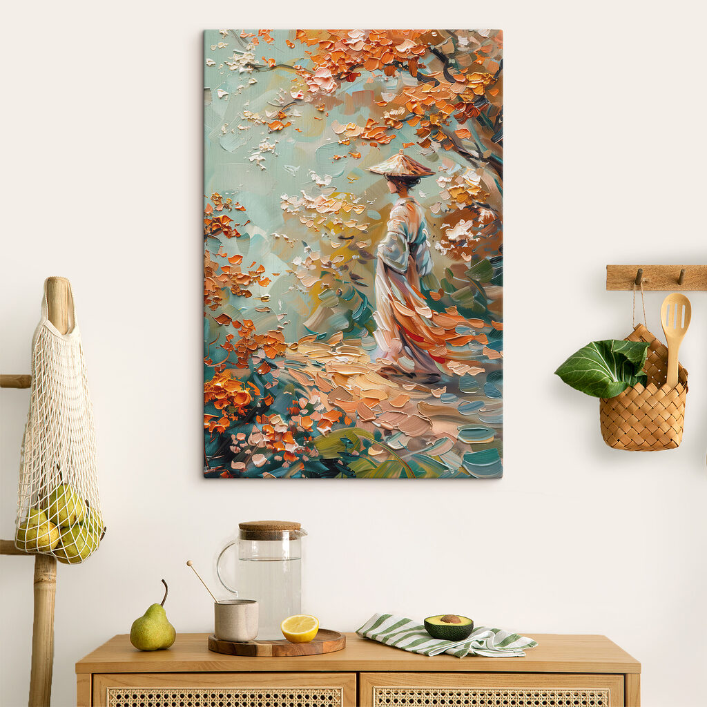 Caminho entre folhas laranja — interior 3