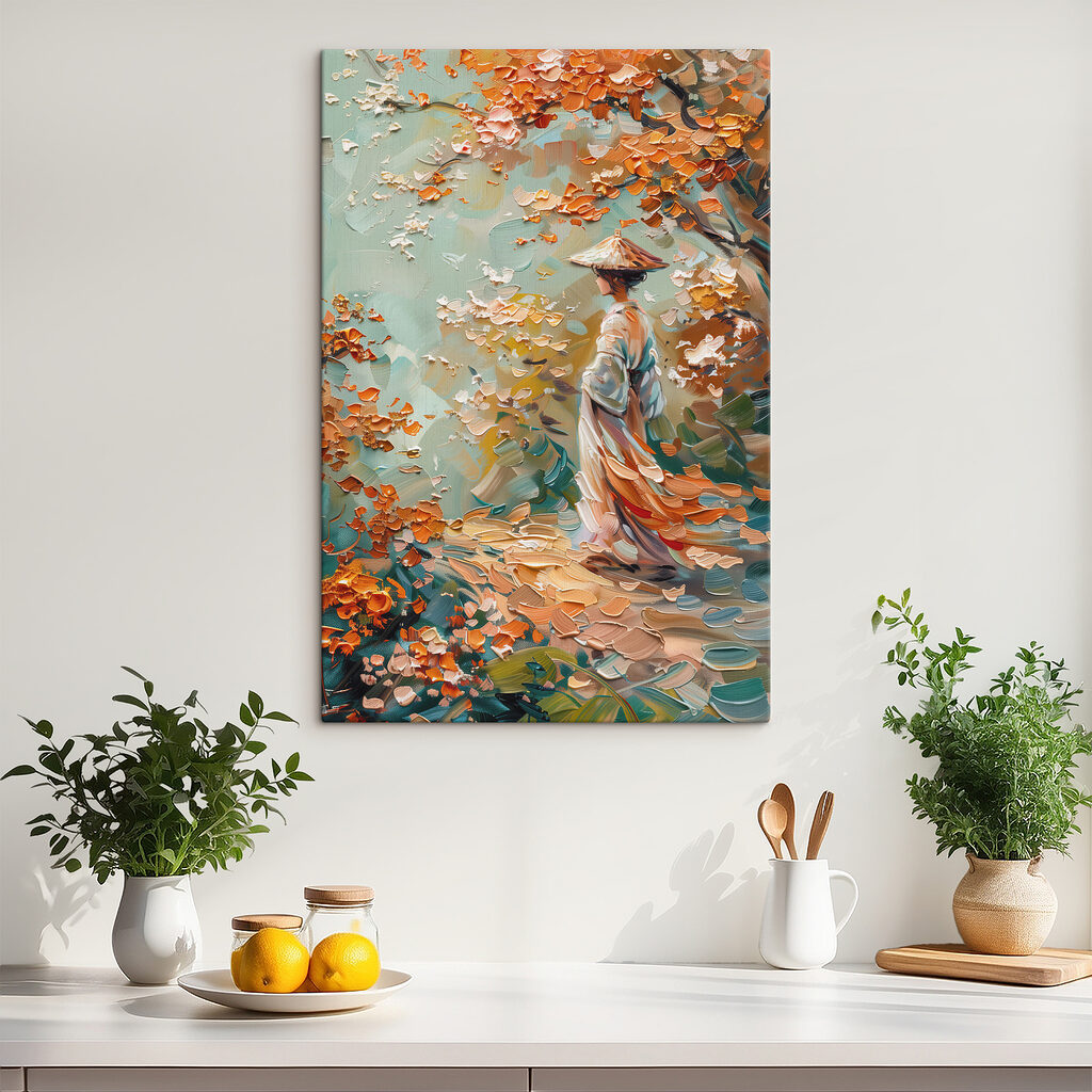 Caminho entre folhas laranja — interior 1
