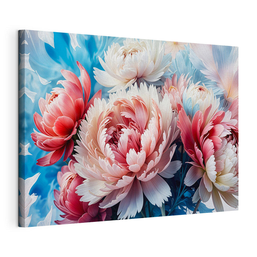 Peónias rosa sobre azul, tela esticada e borda contínua