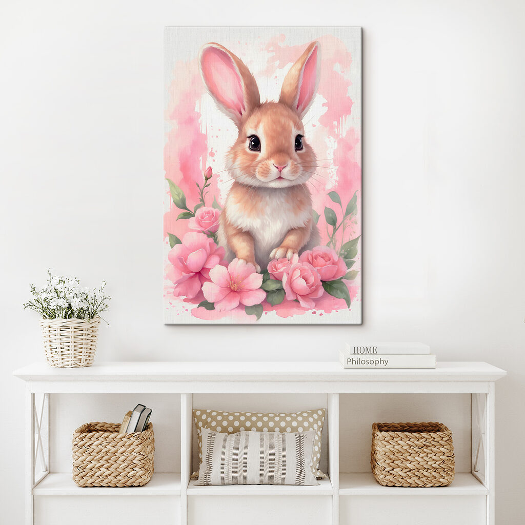 Coelhinho em jardim rosa — interior 1