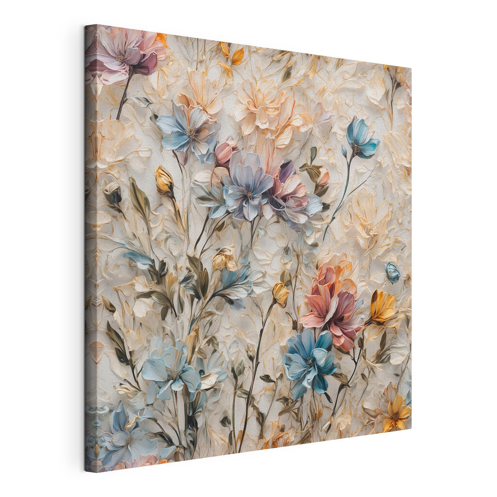 Flores em tons pastel, tela esticada e borda contínua
