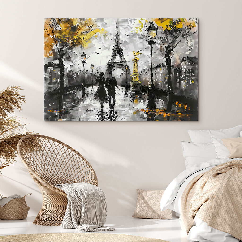 Paris entre folhas amarelas num interior
