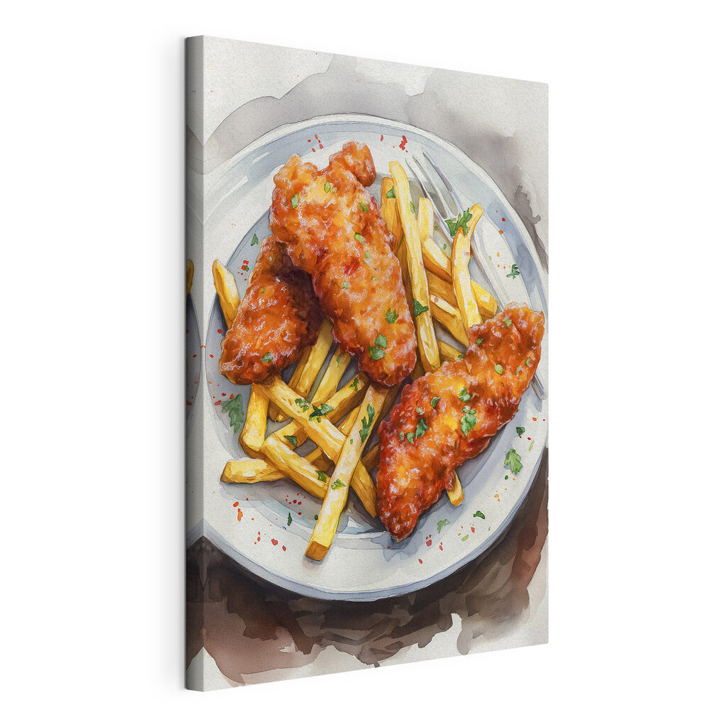 Peixe frito com batatas, tela esticada e borda contínua