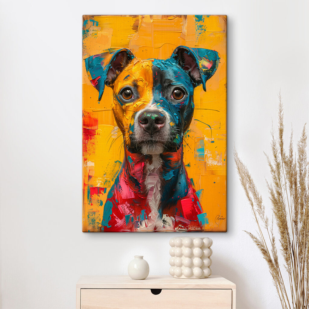 Cão em cores solares num interior