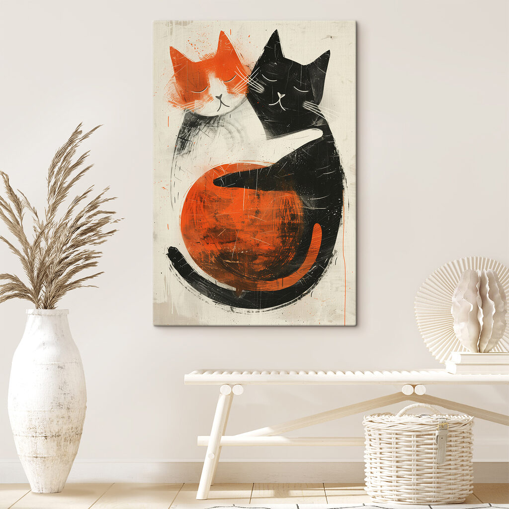 Dois gatos abraçados num interior