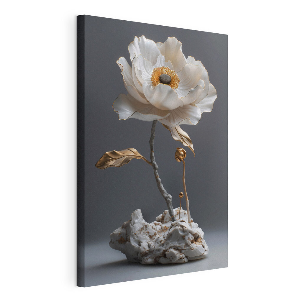 Flor sobre raízes rochosas, tela esticada e borda contínua