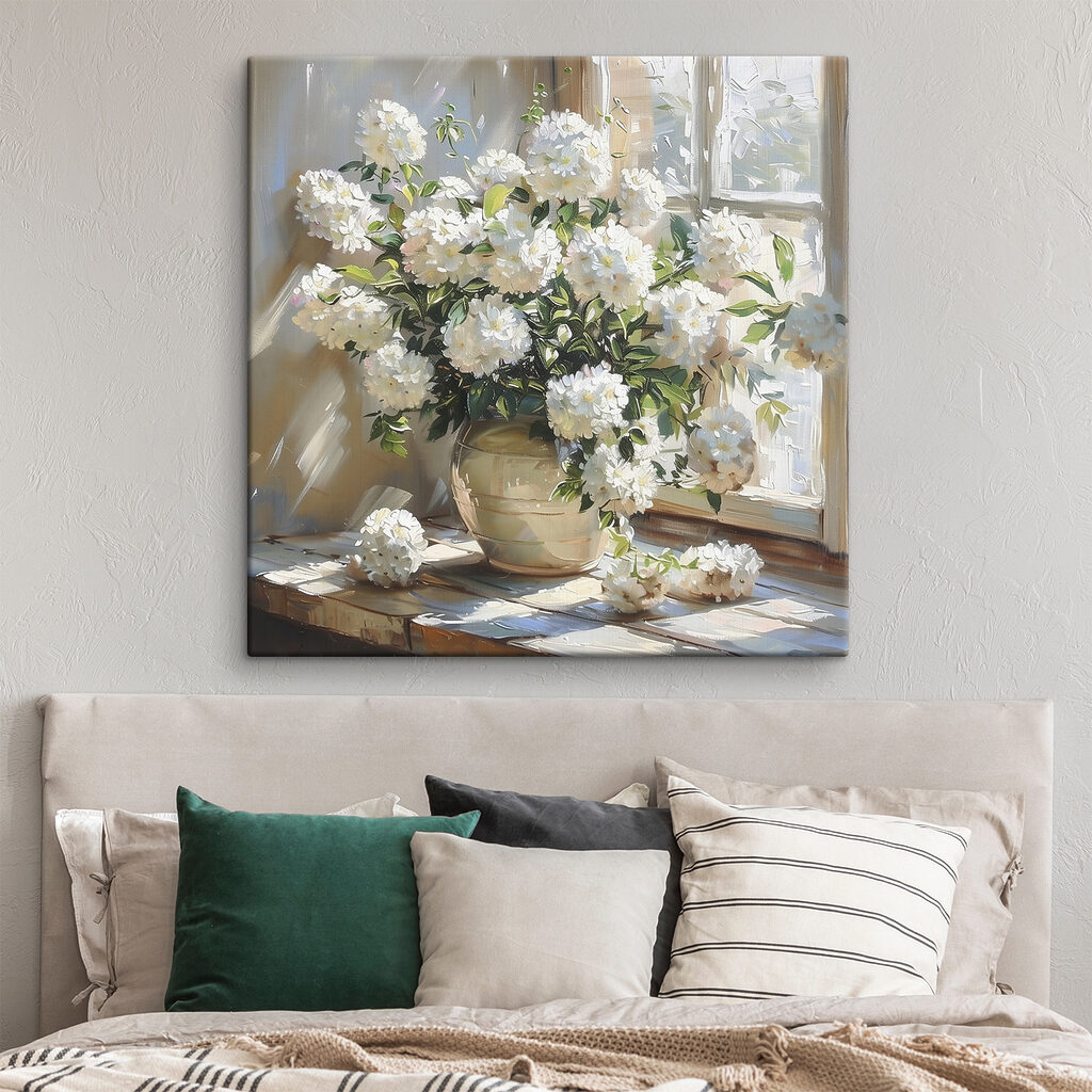 Hortênsias brancas à janela — interior 2