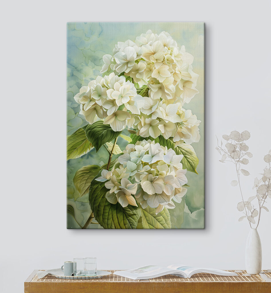 Hortênsias em verde suave — interior 1