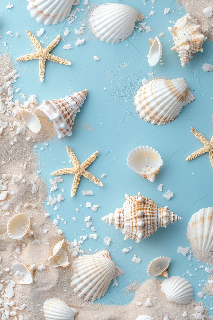 Conchas sobre azul-mar — design completo