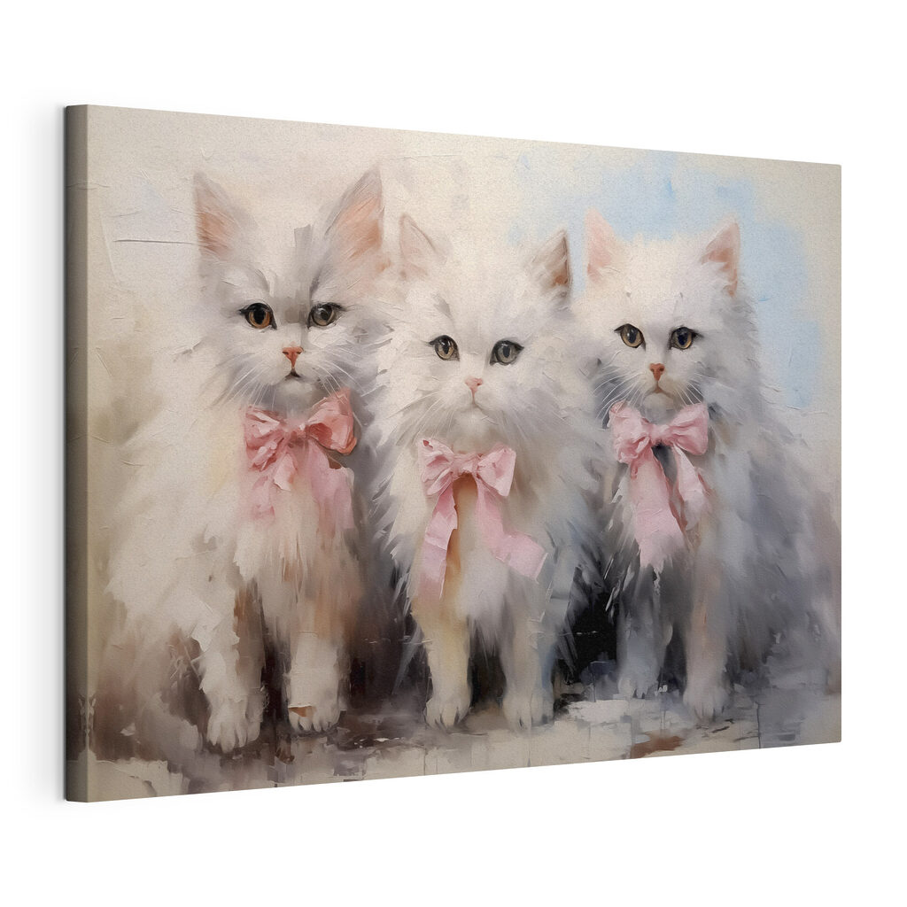 Gatinhos com laços cor-de-rosa, tela esticada e borda contínua