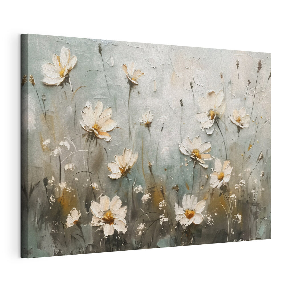 Flores em tons frescos, tela esticada e borda contínua