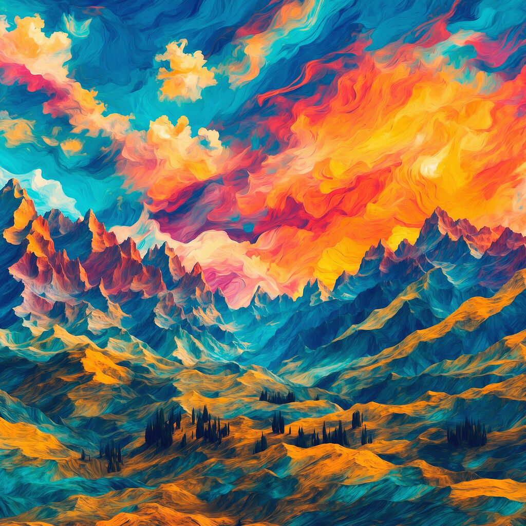 Montanhas e nuvens ardentes — design completo