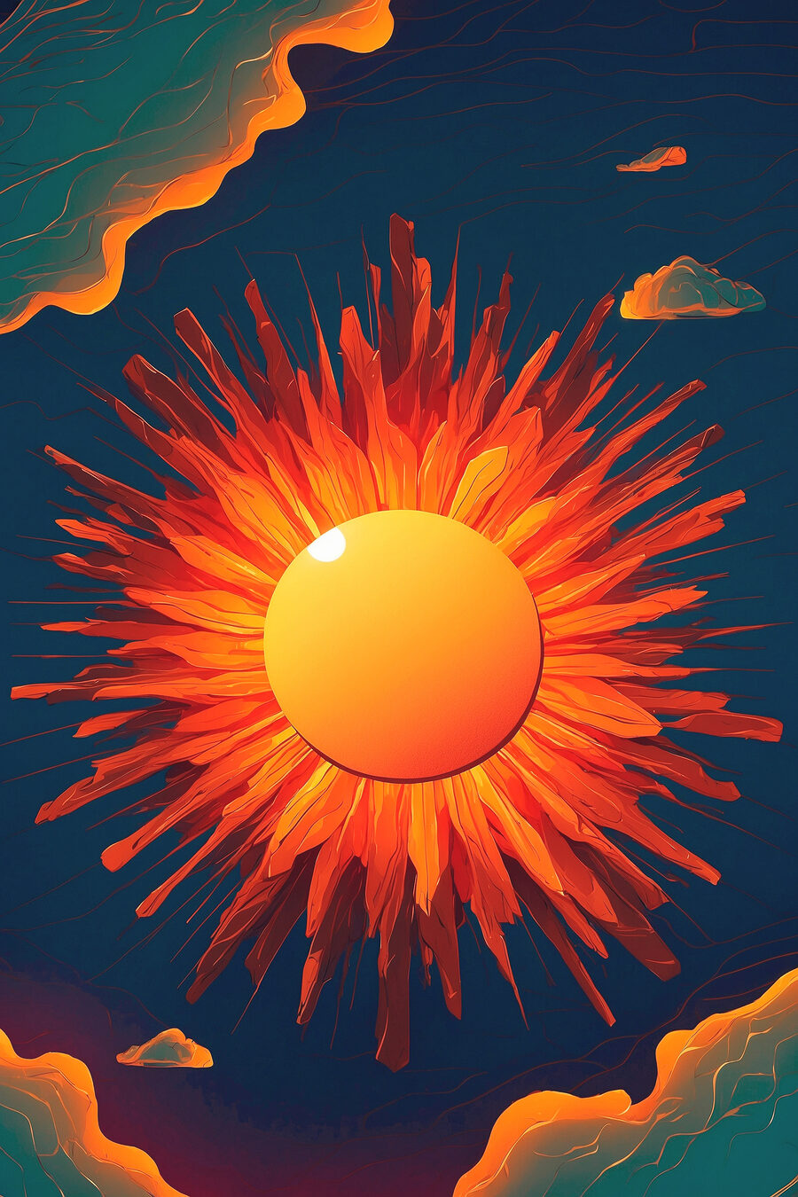 Sol de raios ardentes — design completo