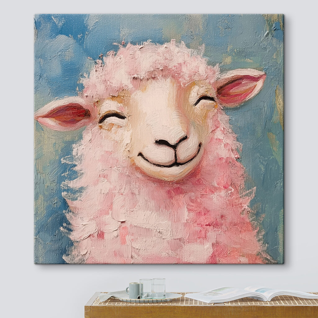 Ovelhinha com caracóis cor-de-rosa num interior