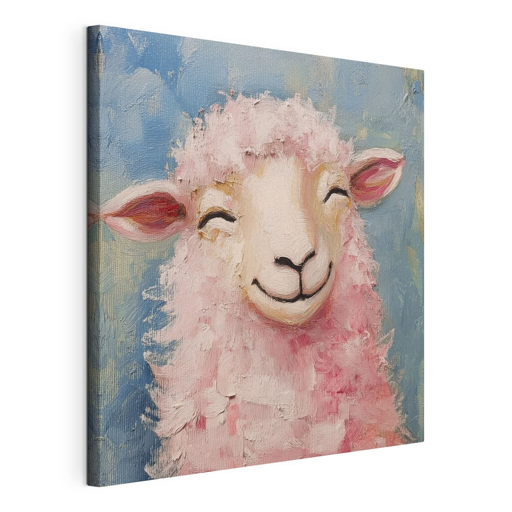 Ovelhinha com caracóis cor-de-rosa, tela esticada e borda contínua