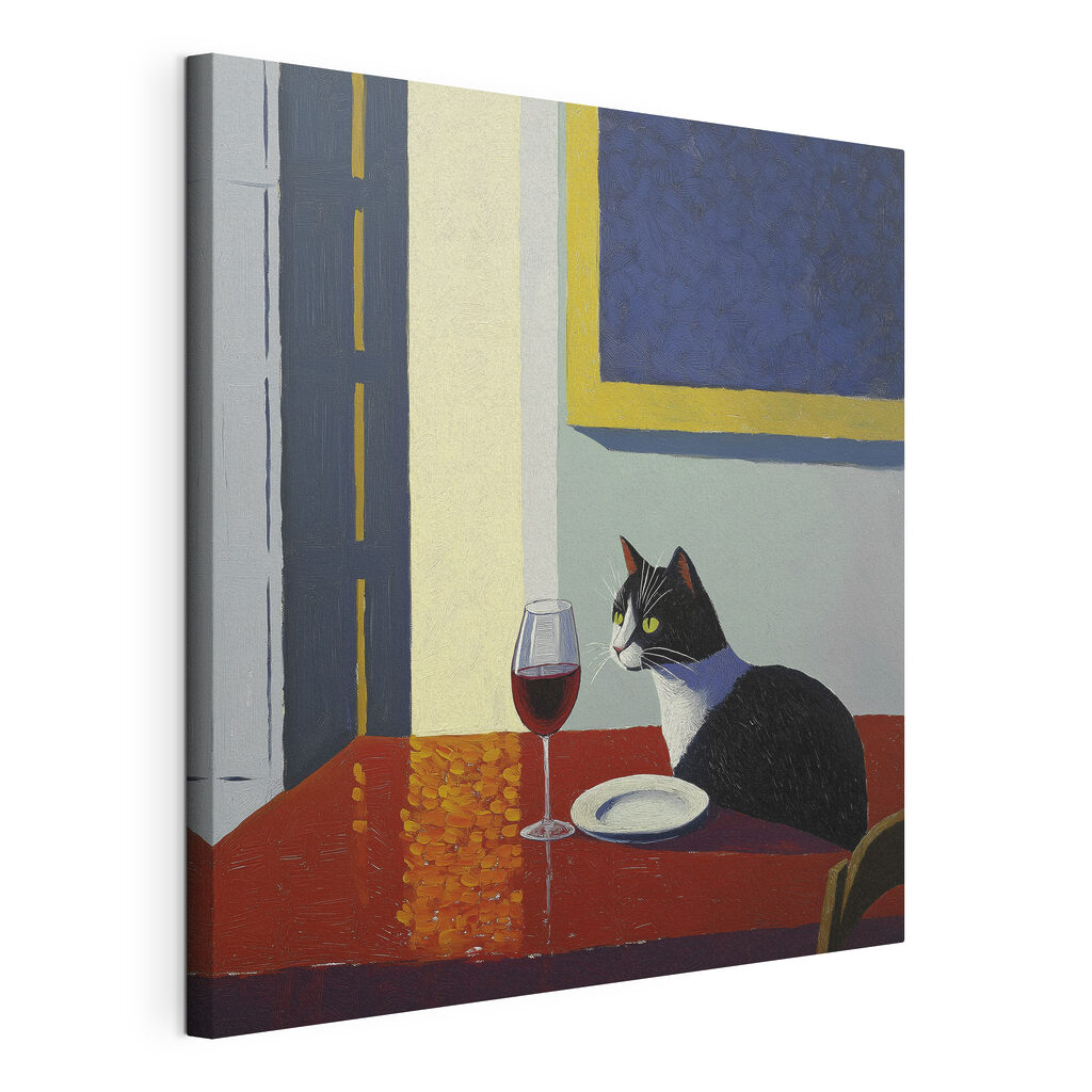 Gato com vinho tinto, tela esticada e borda contínua