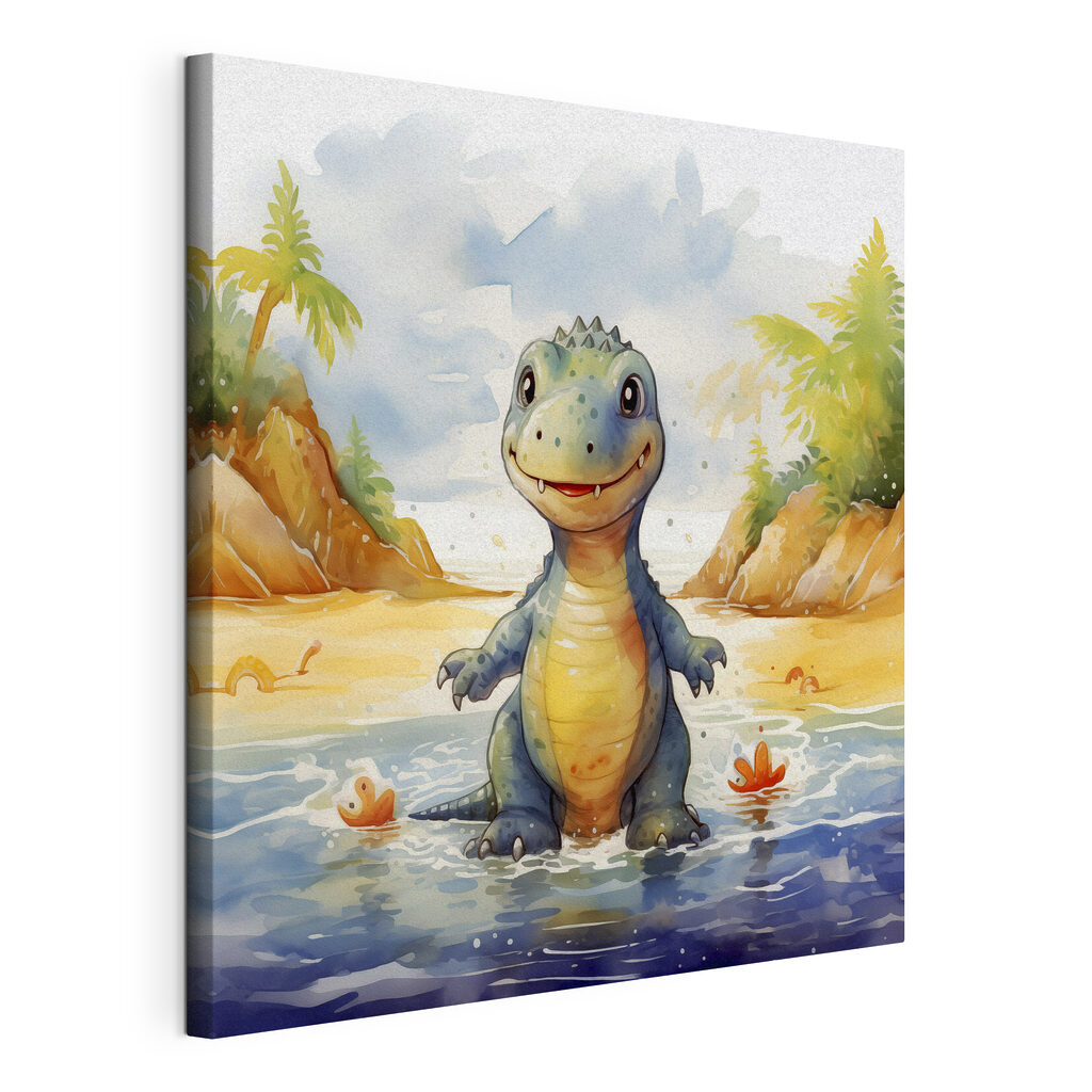 Dinossauro na praia, tela esticada e borda contínua