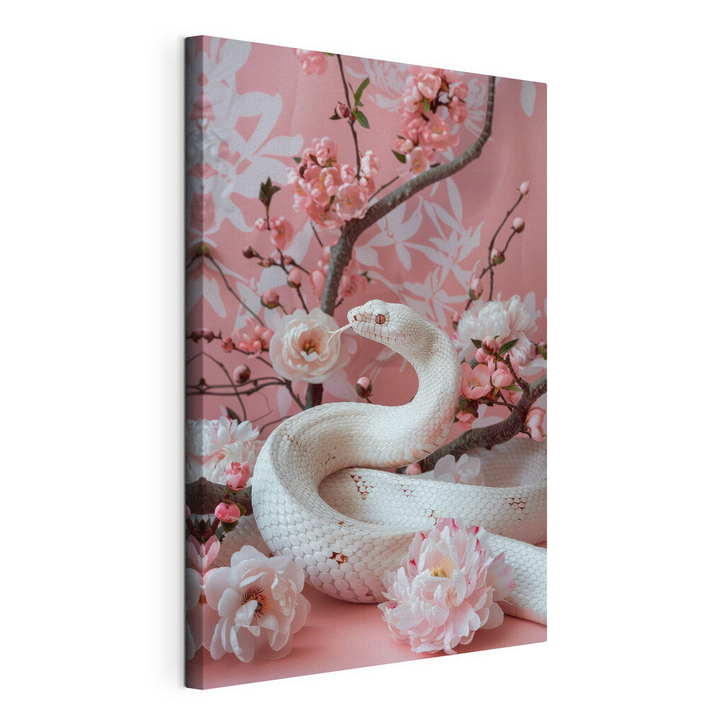Cobra entre flores cor-de-rosa, tela esticada e borda contínua