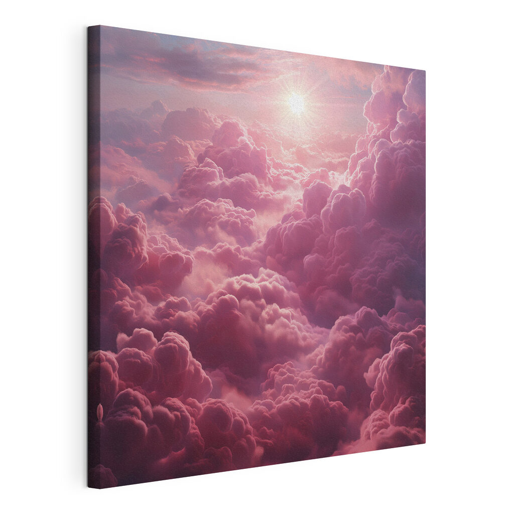 Sol sobre nuvens cor-de-rosa, tela esticada e borda contínua