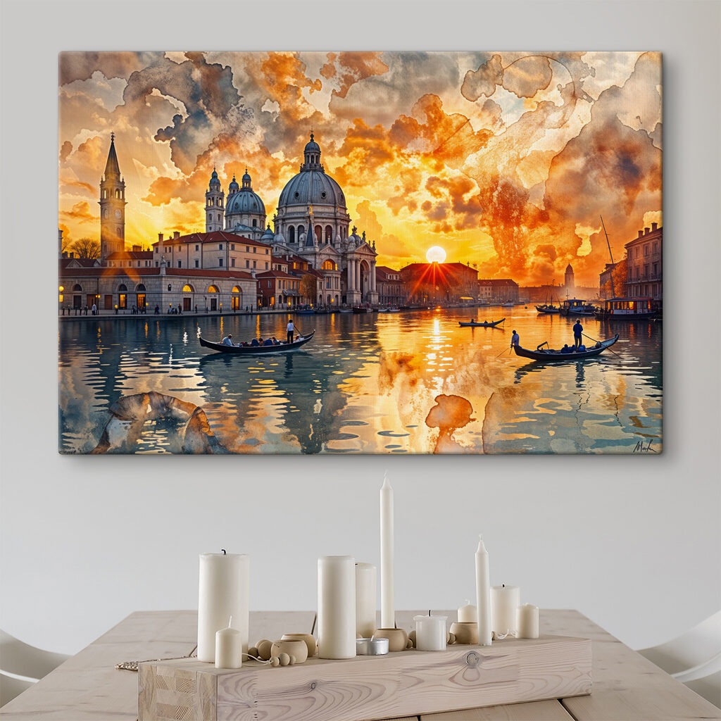 Veneza sob nuvens laranja num interior