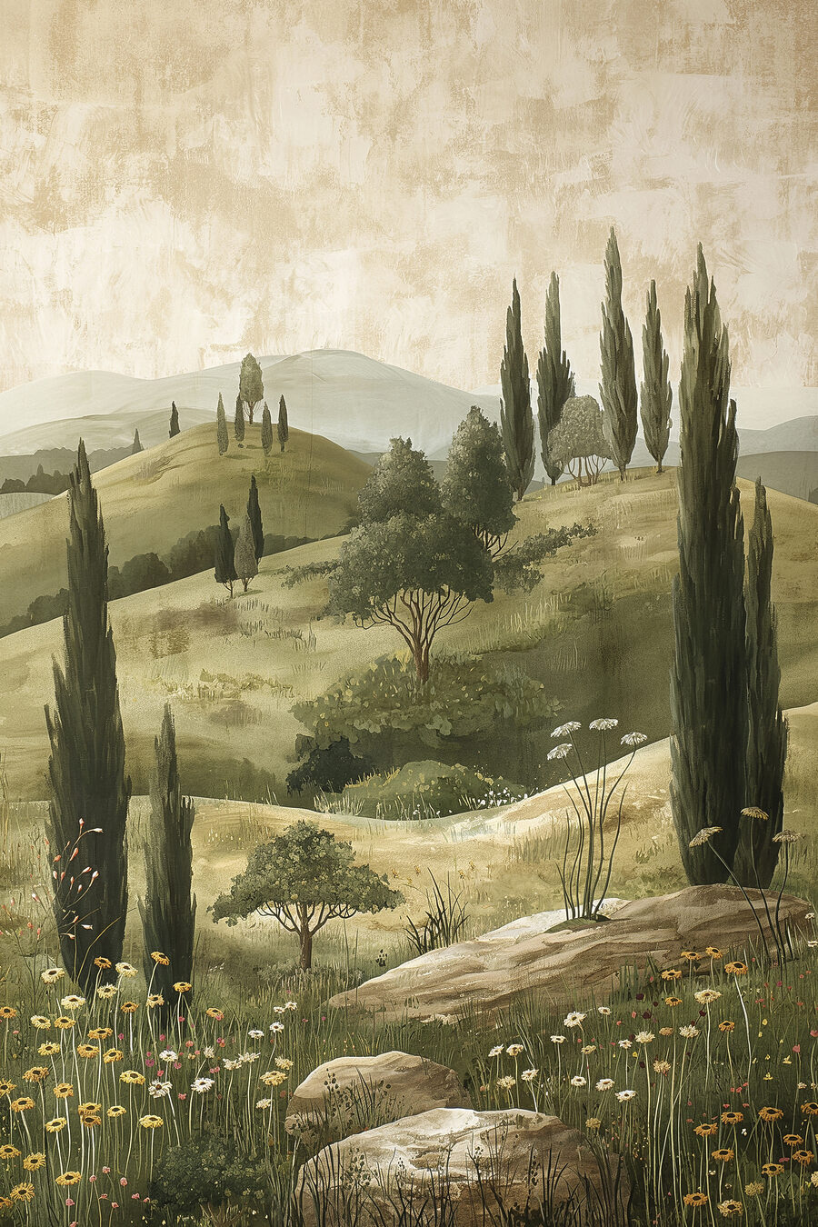 Ciprestes e caminho florido — design completo