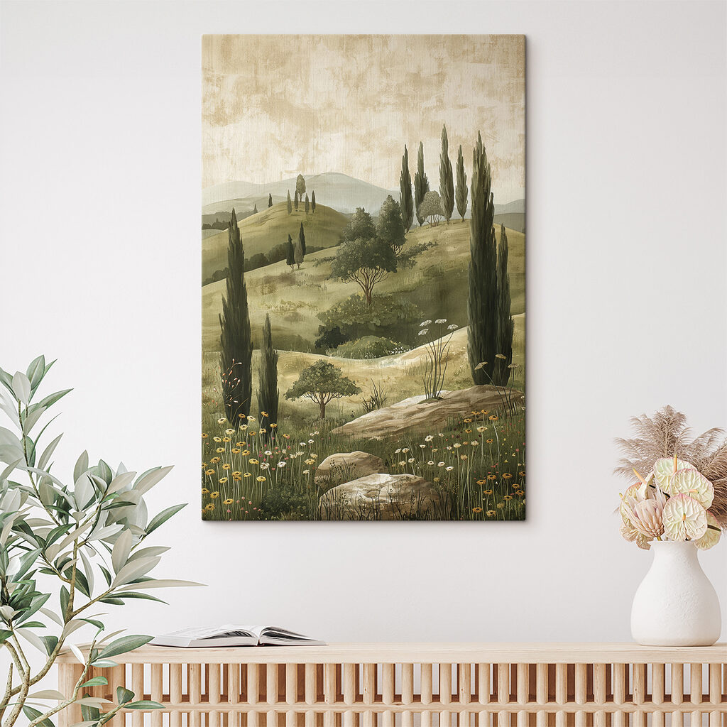 Ciprestes e caminho florido — interior 1