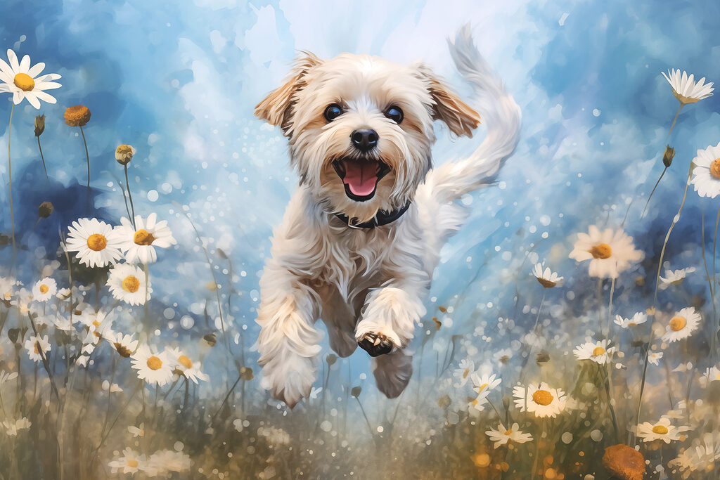 Cãozinho entre flores — design completo