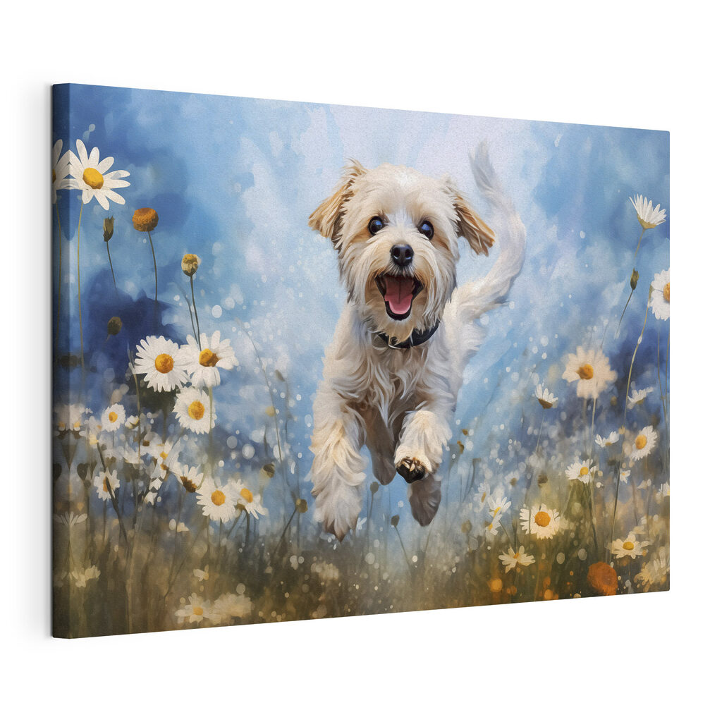 Cãozinho entre flores, tela esticada e borda contínua