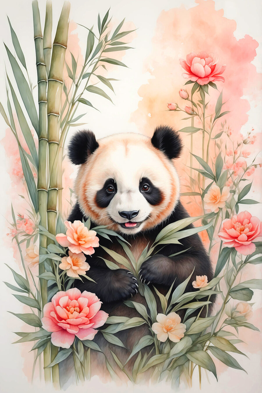Panda entre flores cor-de-rosa — design completo