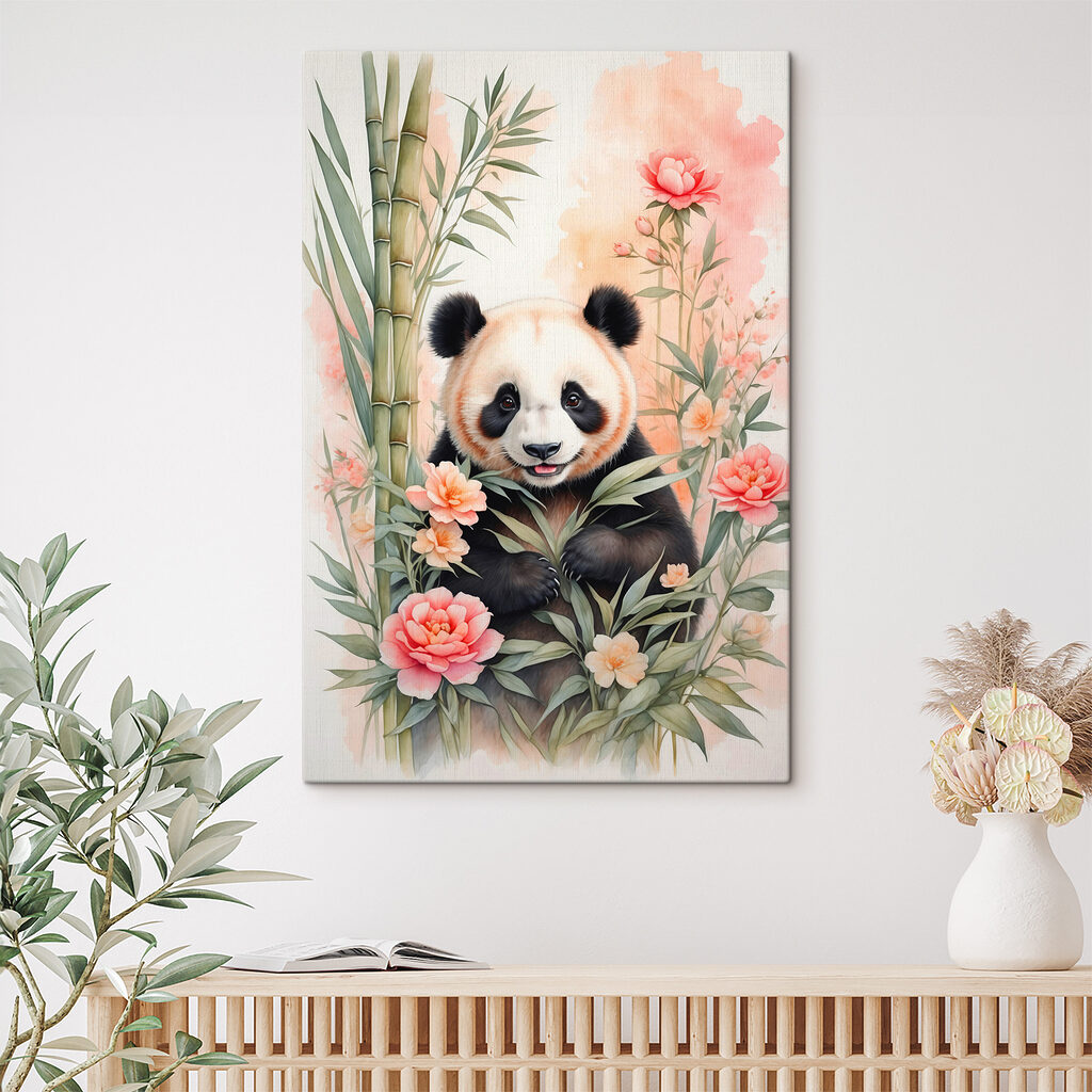 Panda entre flores cor-de-rosa num interior