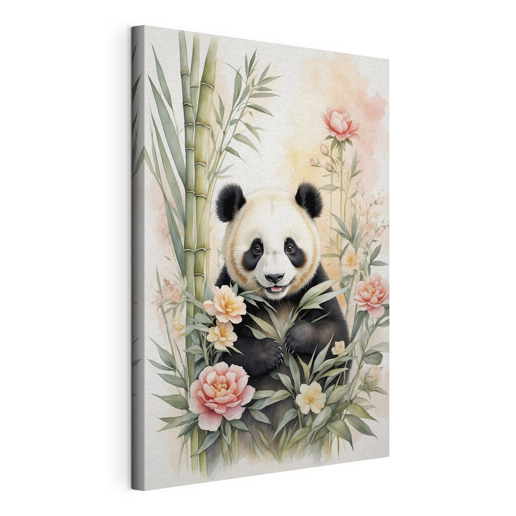 Panda entre flores cor-de-rosa, tela esticada e borda contínua