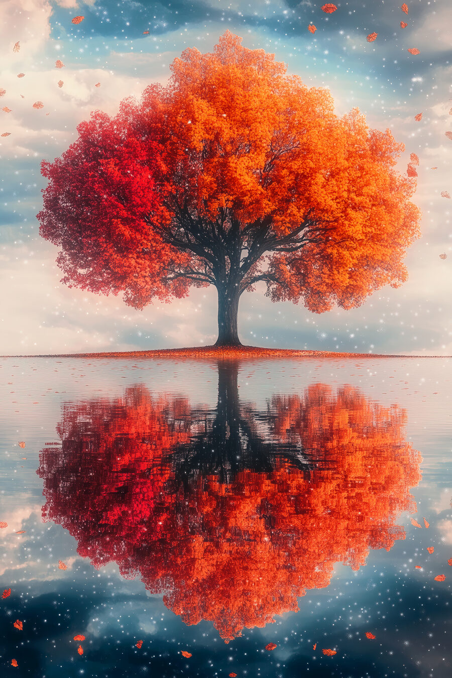 Árvore de outono refletida — design completo
