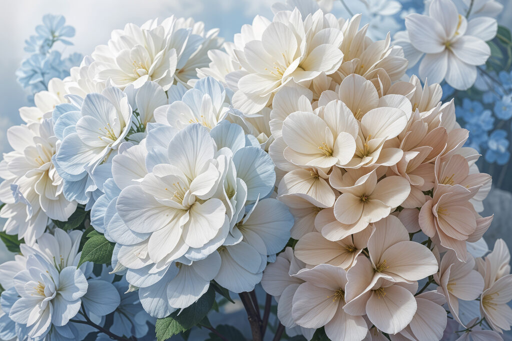 Hortênsias brancas em azul — design completo