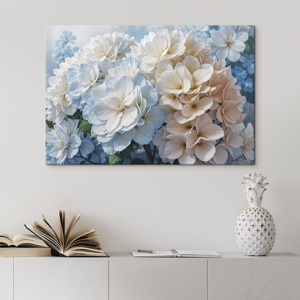 Hortênsias brancas em azul — interior 2