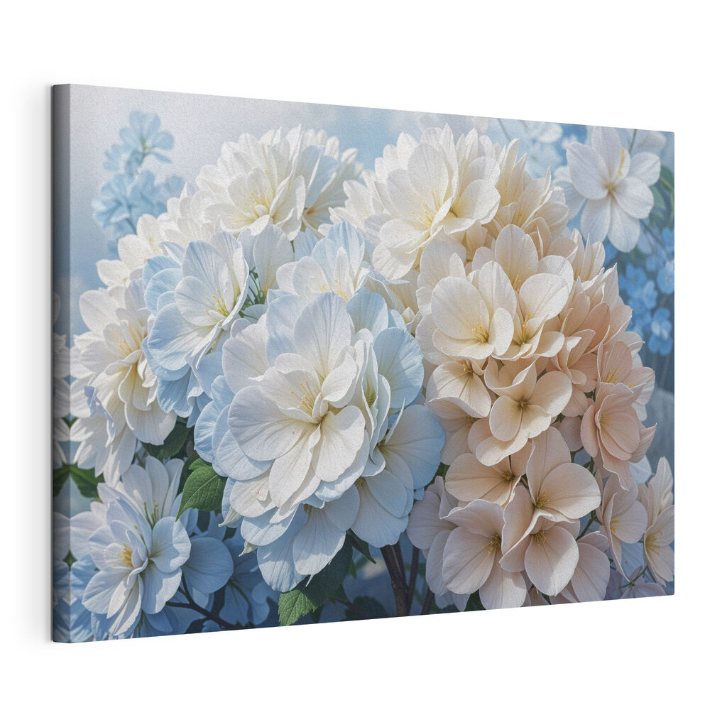 Hortênsias brancas em azul, tela esticada e borda contínua