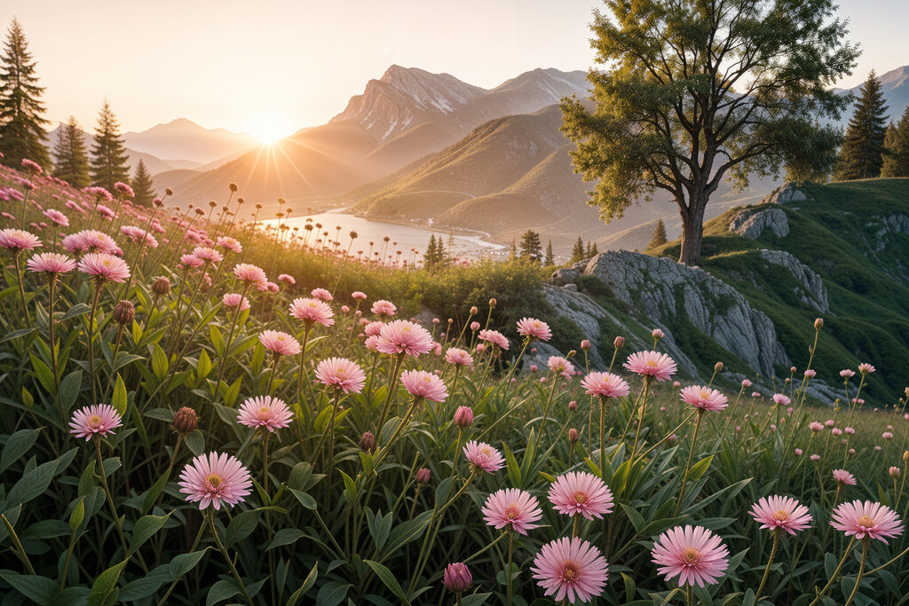 Flores cor-de-rosa na montanha — design completo
