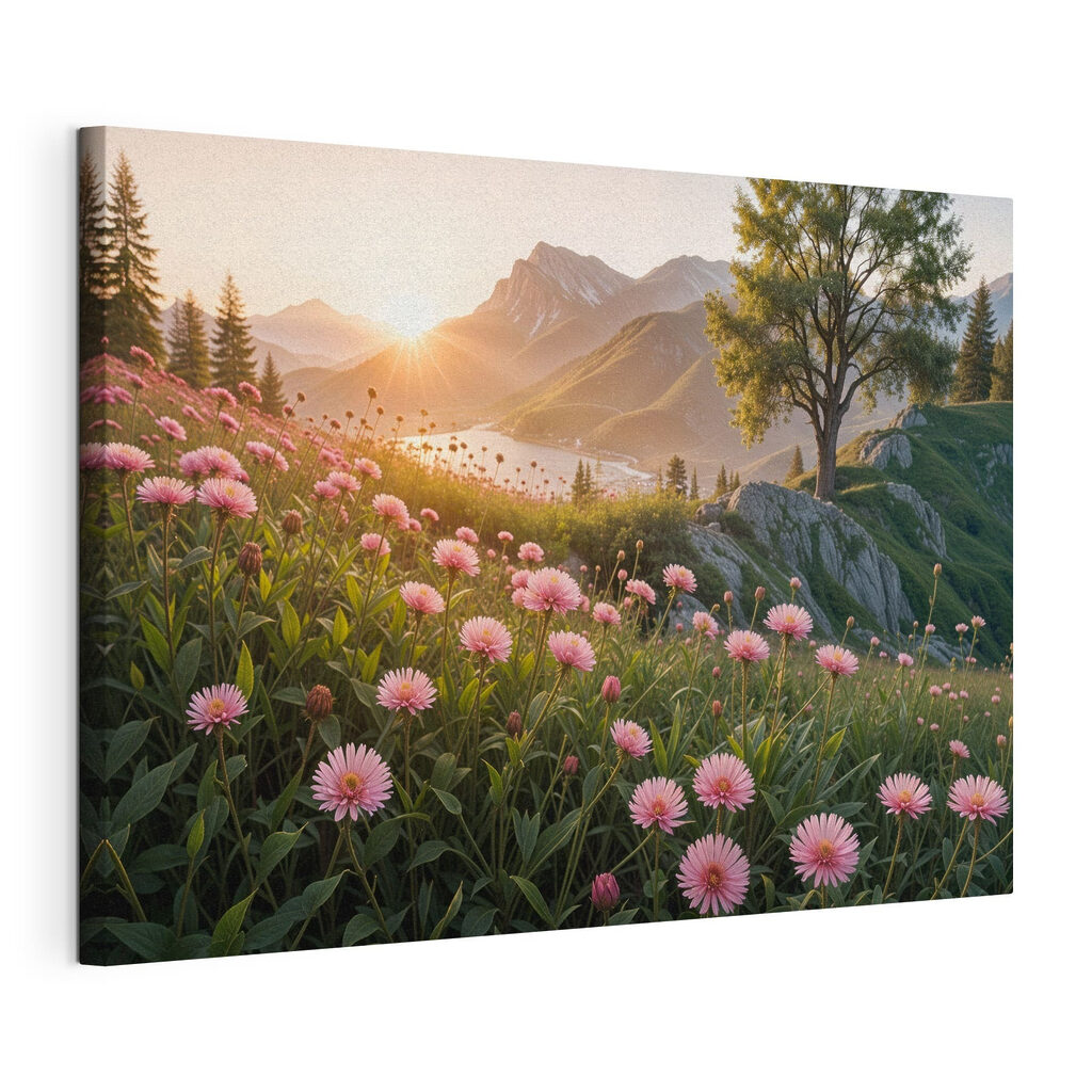 Flores cor-de-rosa na montanha, tela esticada e borda contínua