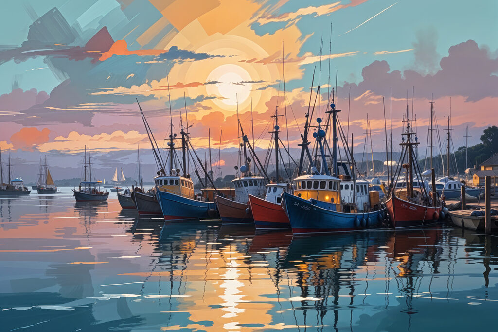 Barcos pesqueiros ao entardecer — design completo