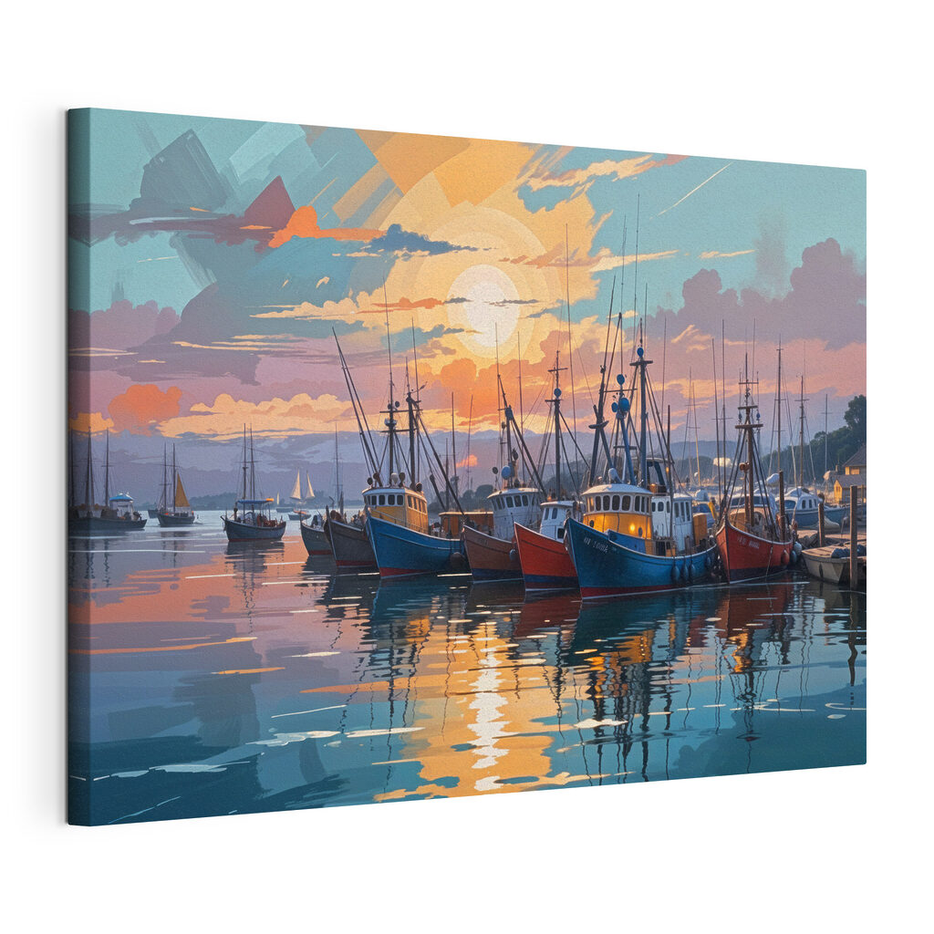 Barcos pesqueiros ao entardecer, tela esticada e borda contínua