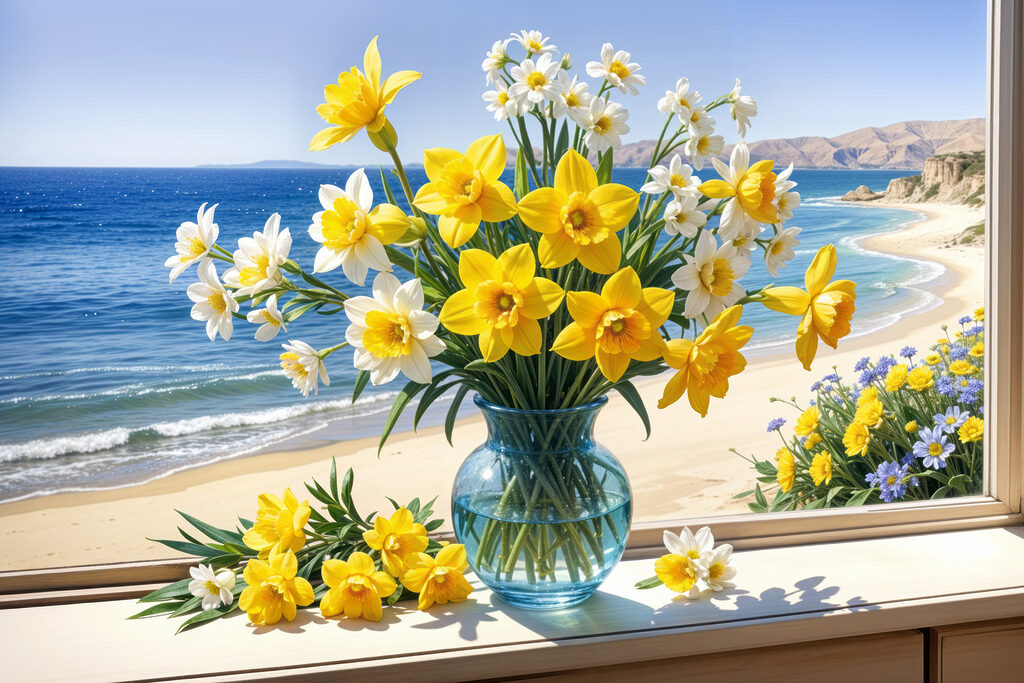 Narcisos e mar azul — design completo