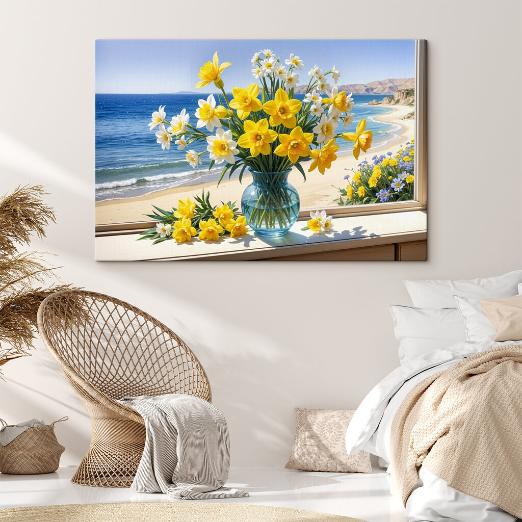 Narcisos e mar azul num interior
